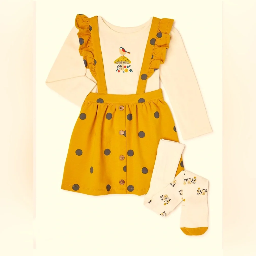 NWOT Wonder nation bird and mushroom, yellow polka dot overall pinafore dress.